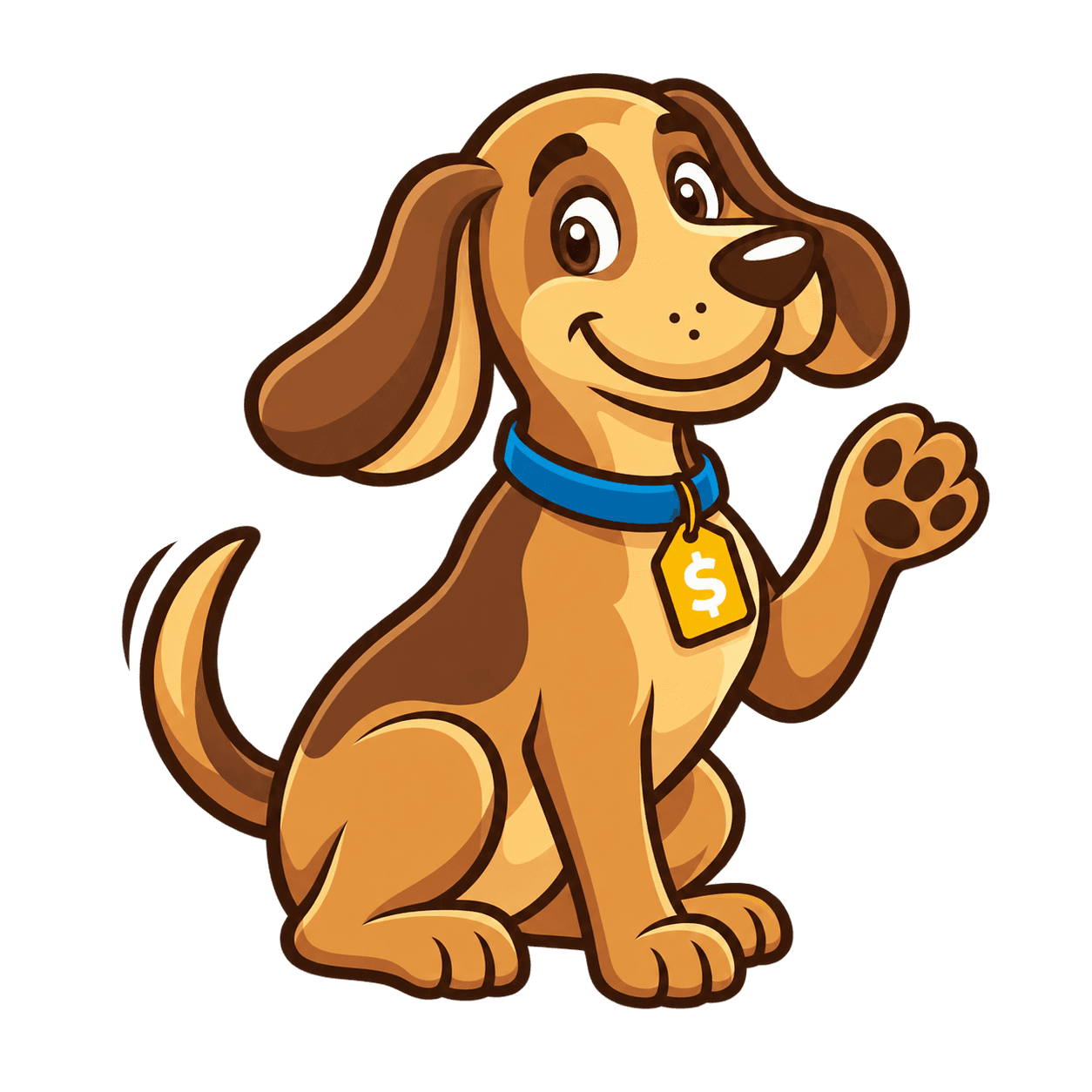 Faro, nosso cão farejador de ofertas, sentado e acenando com a pata, de coleira azul e medalha amarela.